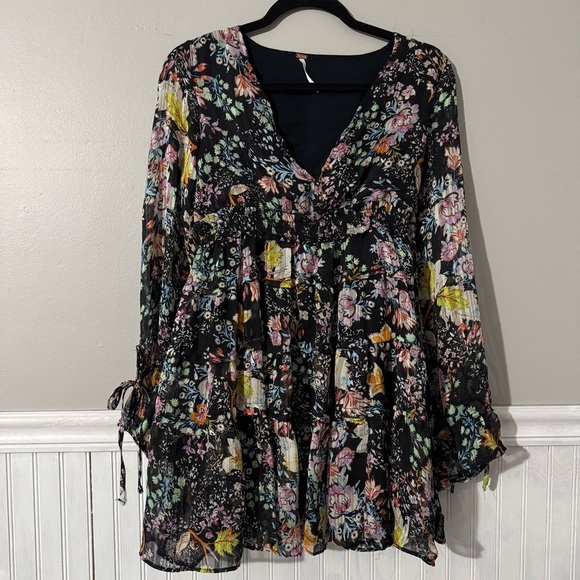Free People | Closer to the Heart Boho Floral Long Sleeve Flowy mini Dress XS - Picture 1 of 11